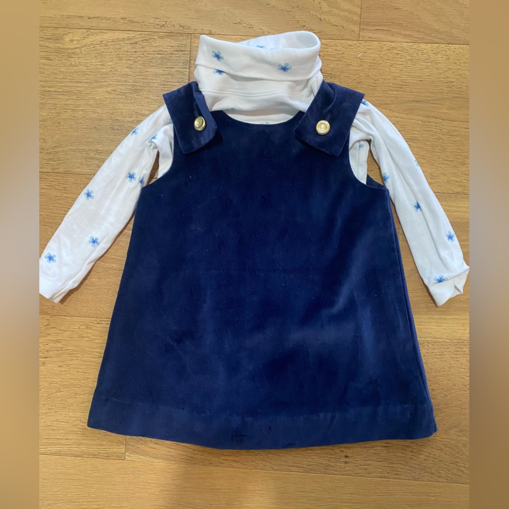 TBBC Navy Blue girls jumper  Dress with White Floral Top turtleneck 2T VGUC